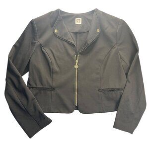 Anne Klein Black Cropped Blazer W/Gold Zipper & Lion Detail Womens Size M
